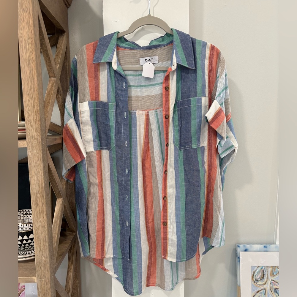 Oat New York Multicolor Striped Button-Down Shirt (Blue, Green, Red, White)